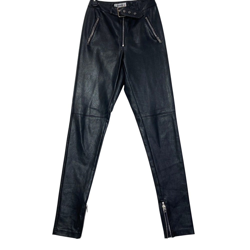 Womans Guizio Black Faux Leather Moto Pants Belted High Rise Ankle Zip Skinny